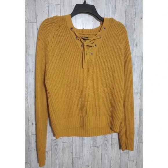 Rue21 Sweater Hoodie Lace Up Ribbed Long Sleeve Mustard Yellow Size Large - Picture 1 of 4
